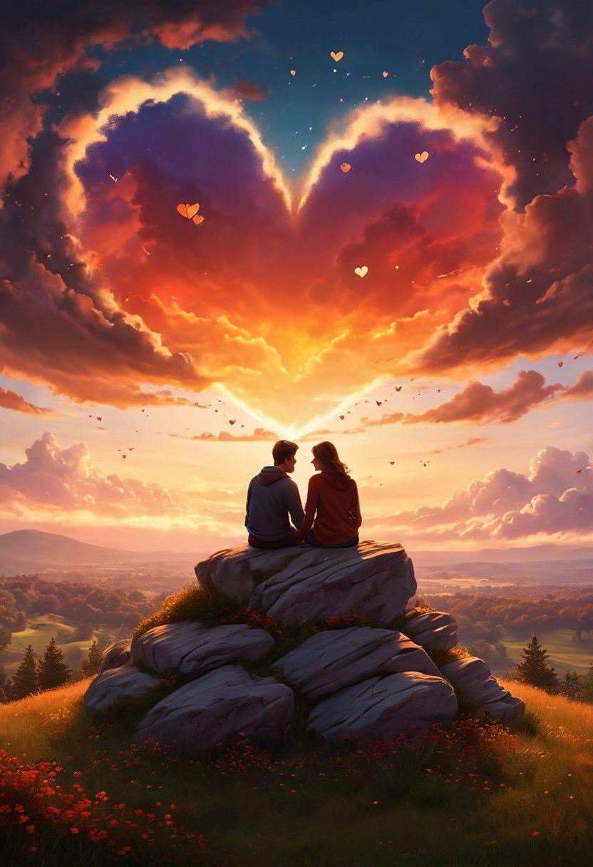 a couple sitting together on a scenic hill overlooking a sunset, surrounded by floating heart-shaped clouds symbolizing memories and emotions, gentle silhouettes of trees framing the scene, vivid colors capturing the warmth of love, with soft sparkling lights representing the echoes of past experiences. super-realistic. vibrant colors. warm tones.
