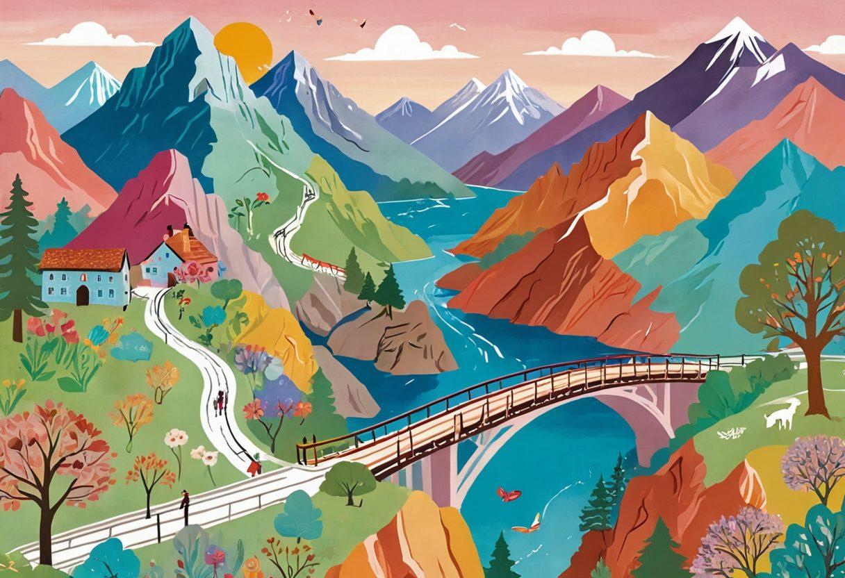 A beautifully illustrated map representing a couple's journey through love, with vibrant landmarks like a heart-shaped mountain and a bridge of memories, intertwined with colorful paths depicting emotional milestones. Soft, romantic colors enhance the scene, while small illustrations of moments such as first dates, anniversaries, and challenges along the way add charm. whimsical style. vibrant colors. pastel background.